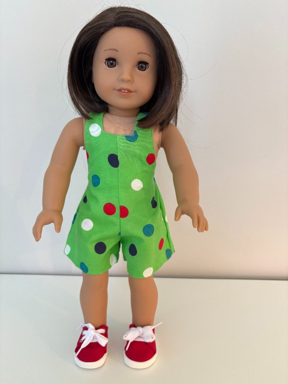 Green Polka Dot Romper for 18" Dolls with Red Shoes